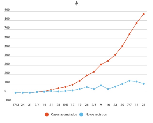 As curvas dos casos totais e dos novos casos semanais (Infografia AVS)