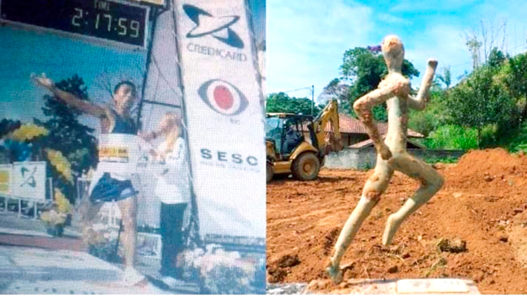 Reginaldo vencendo a maratona e o troféu que encontrou sob os escombros  nove anos depois (Fotomontagem: Henrique Pinheiro)