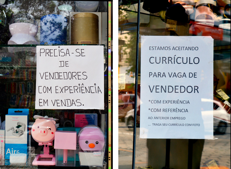 No comércio de Nova Friburgo vários cartazes nas portas das lojas avisam sobre novas contratações neste período (Fotos: Henrique Pinheiro)