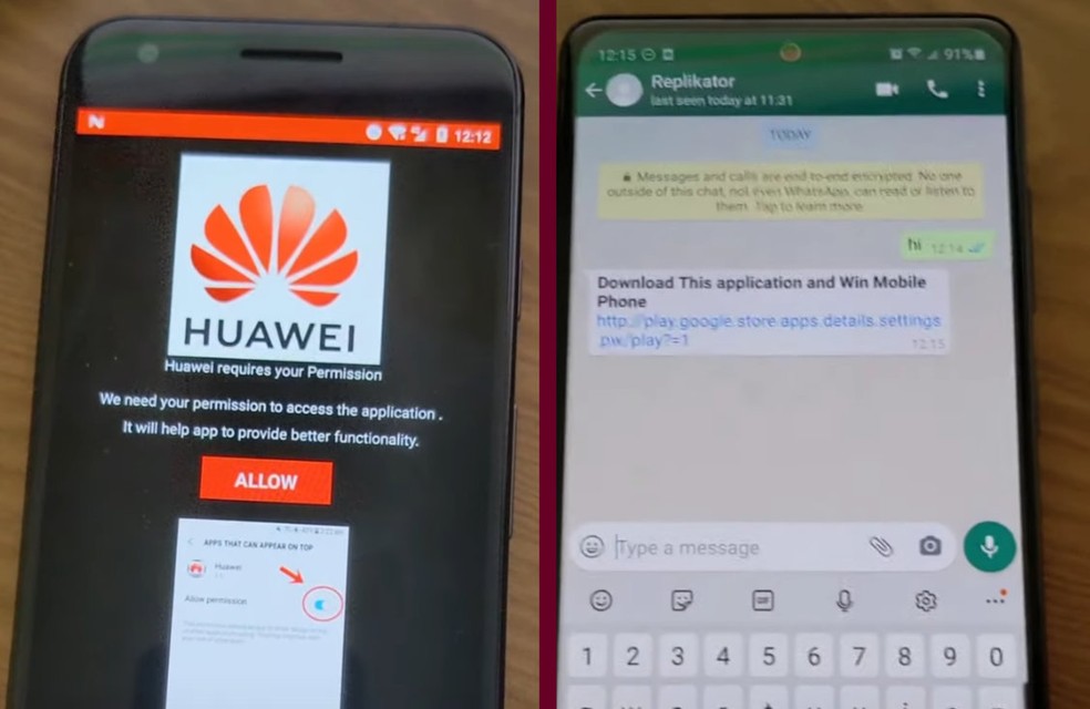 O aplicativo solicita permissões do usuário (esquerda) e a mensagem enviada como resposta pelo WhatsApp (Foto: G1)